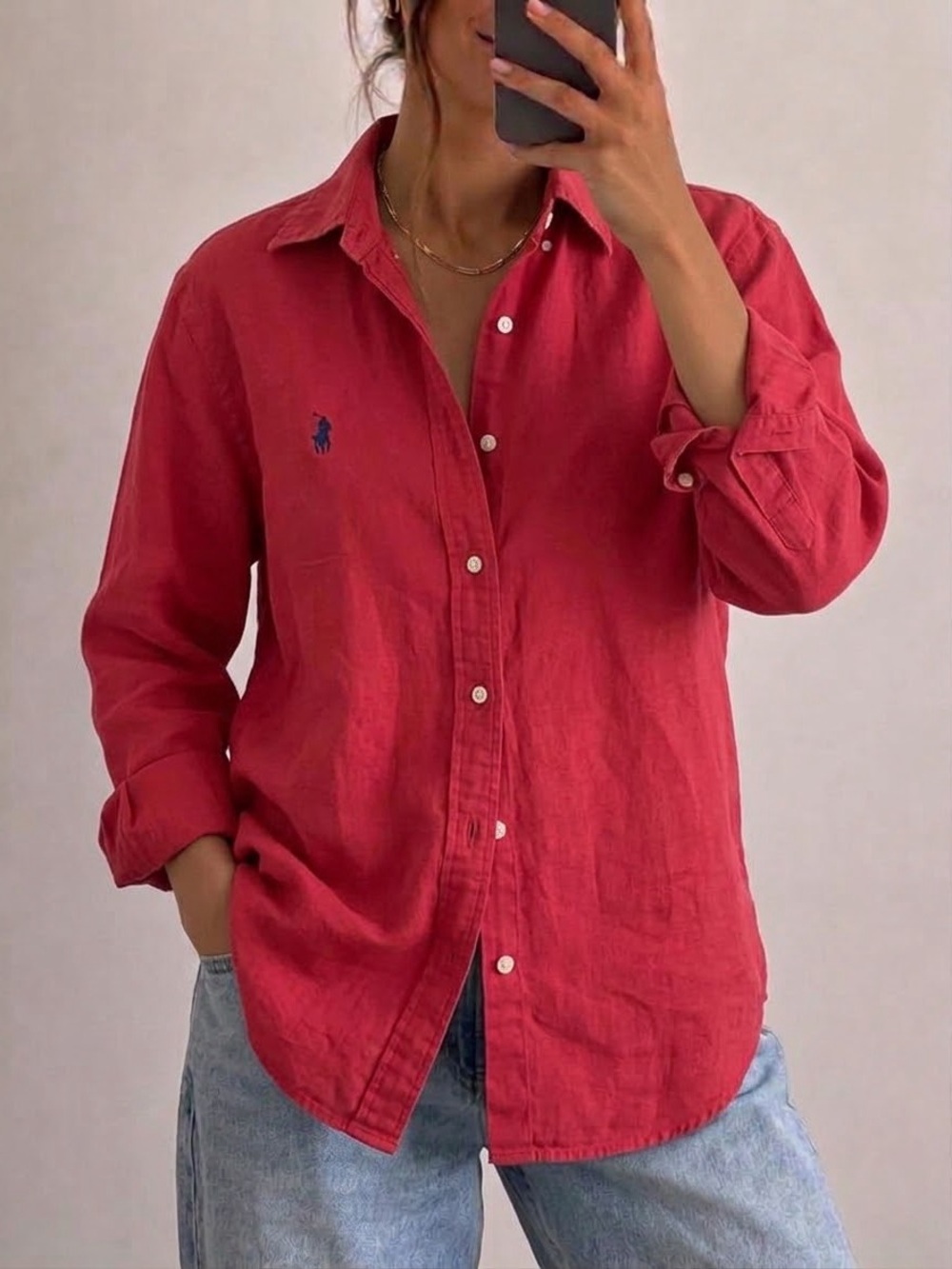 Ralph Lauren Oversized Silk Linen Button Down Shirt Size Medium Red Women’s